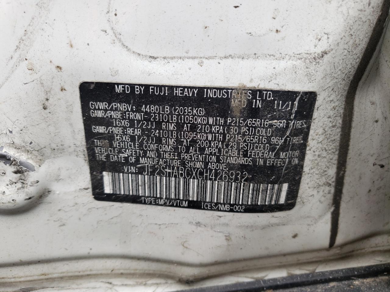 Photo 10 from auction – 2012 SUBARU FORESTER 2 with VIN JF2SHABCXCH426932
