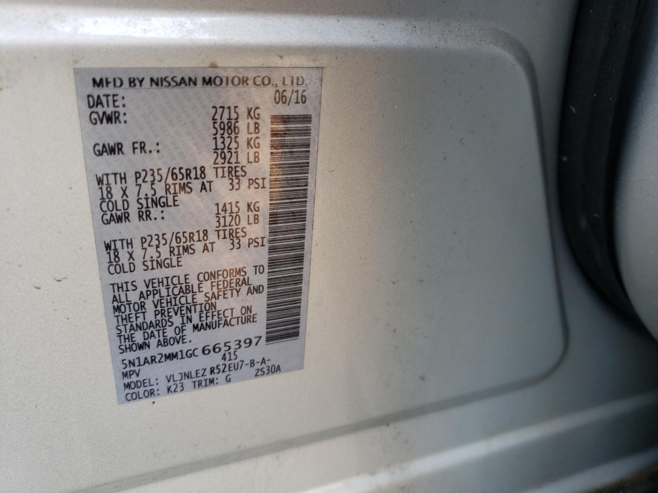 Photo 10 from auction – 2016 NISSAN PATHFINDER with VIN 5N1AR2MM1GC665397