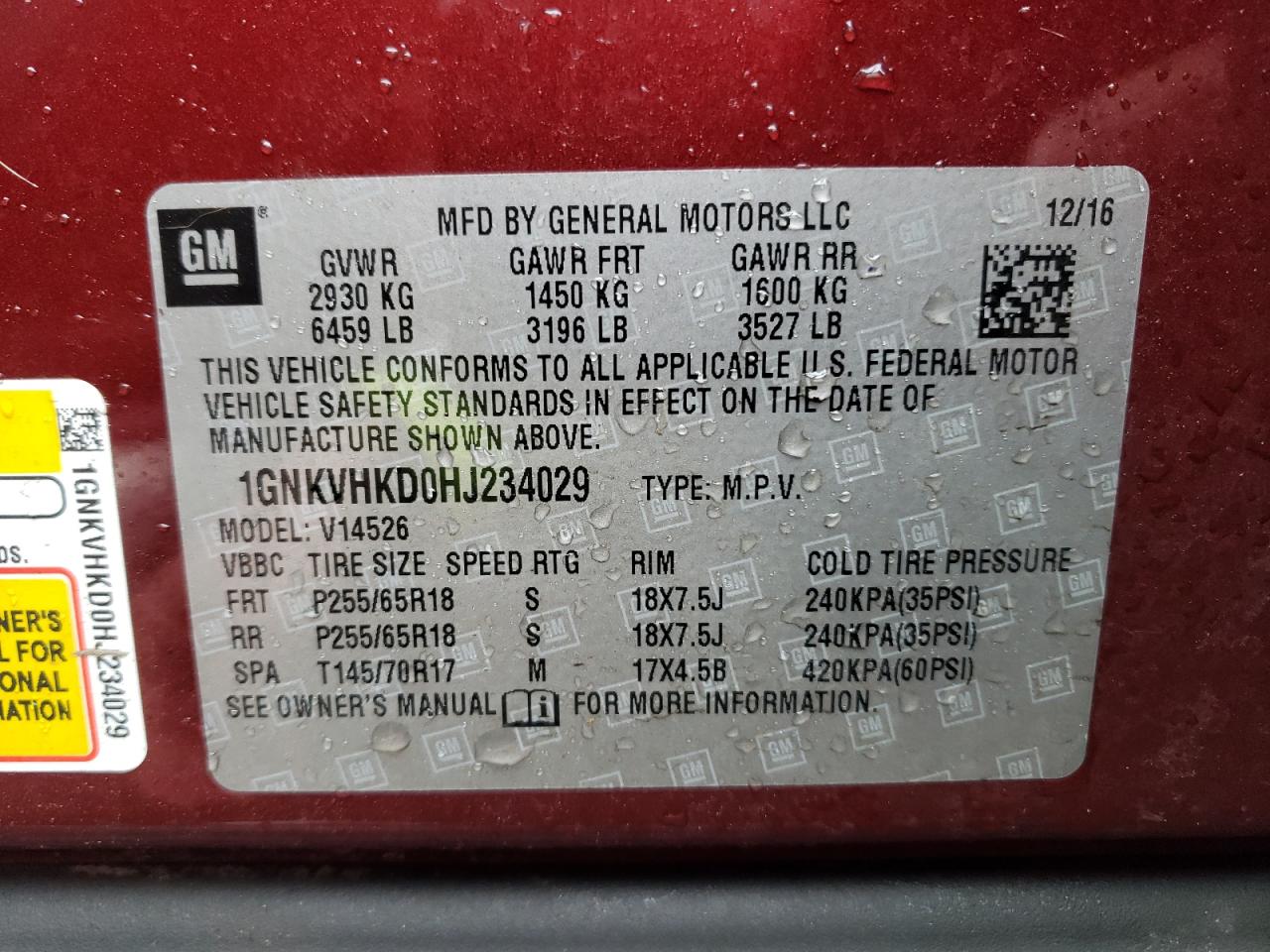 Photo 10 from auction – 2017 CHEVROLET TRAVERSE L with VIN 1GNKVHKD0HJ234029