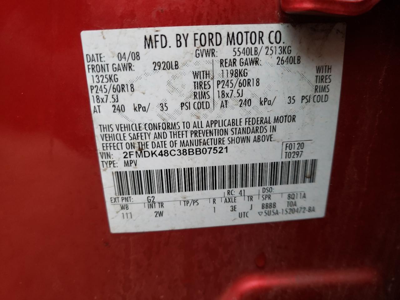 Photo 10 from auction – 2008 FORD EDGE SEL with VIN 2FMDK48C38BB07521