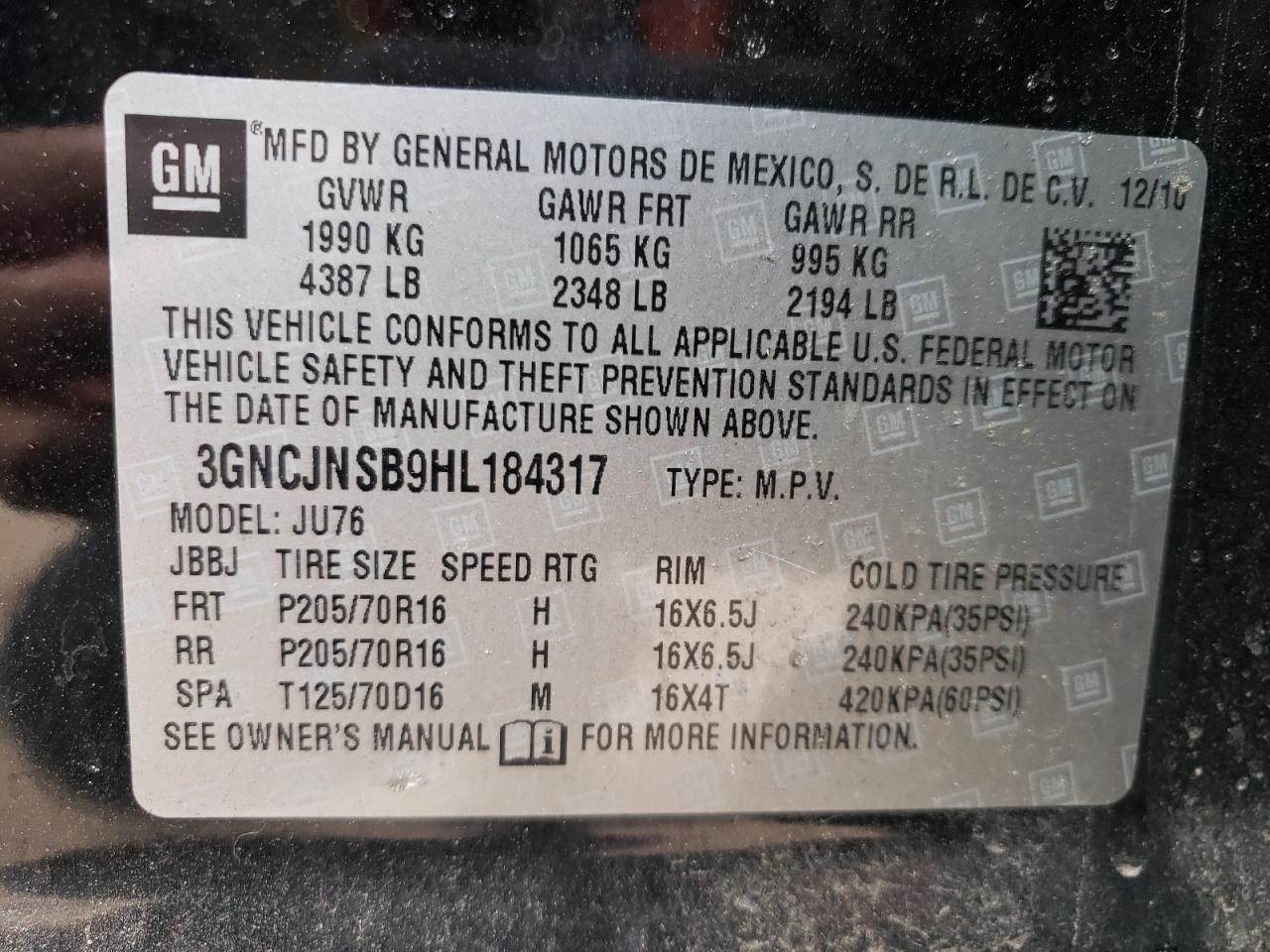 Photo 10 from auction – 2017 CHEVROLET TRAX LS with VIN 3GNCJNSB9HL184317