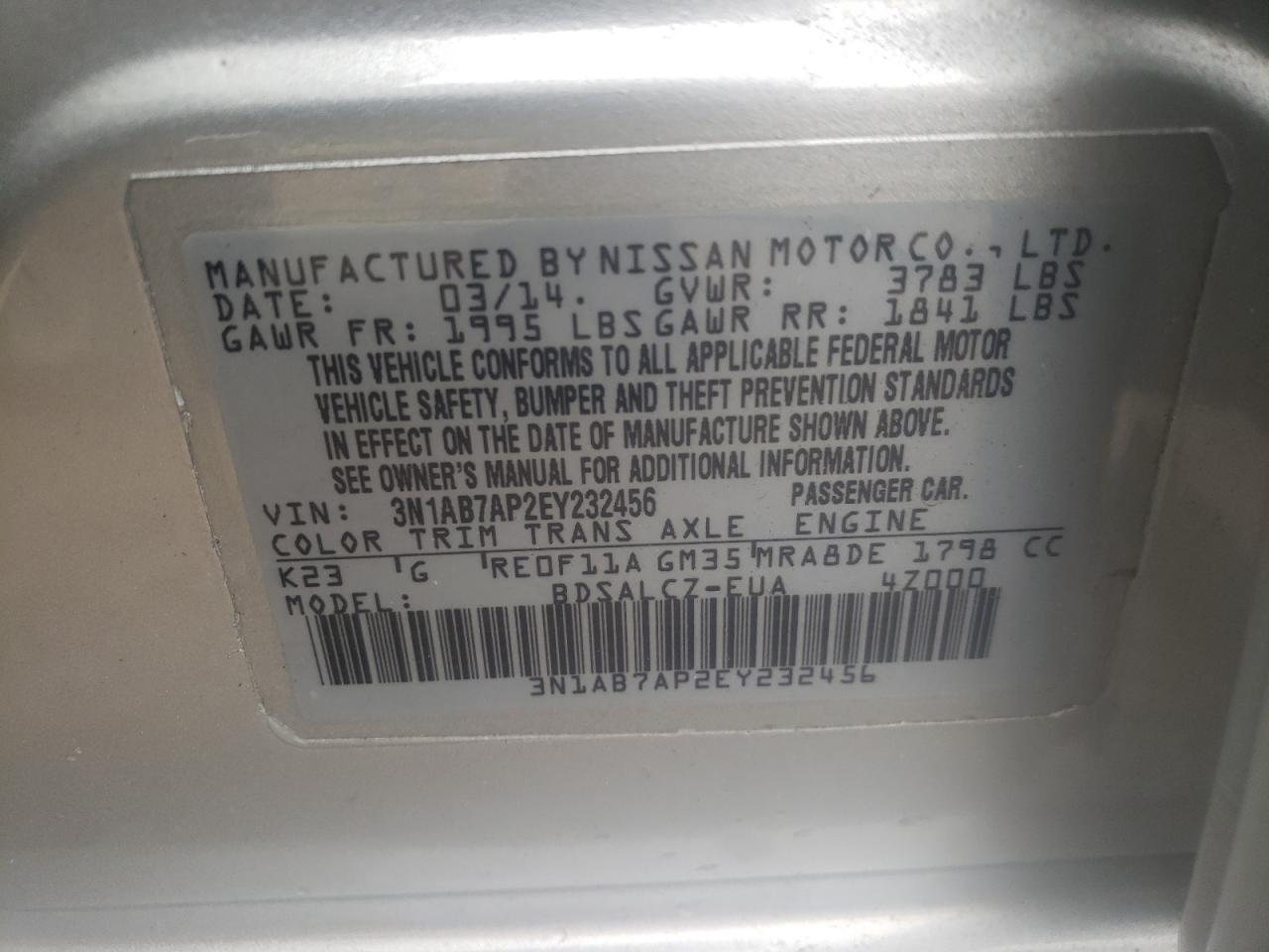 Photo 10 from auction – 2014 NISSAN SENTRA S with VIN 3N1AB7AP2EY232456