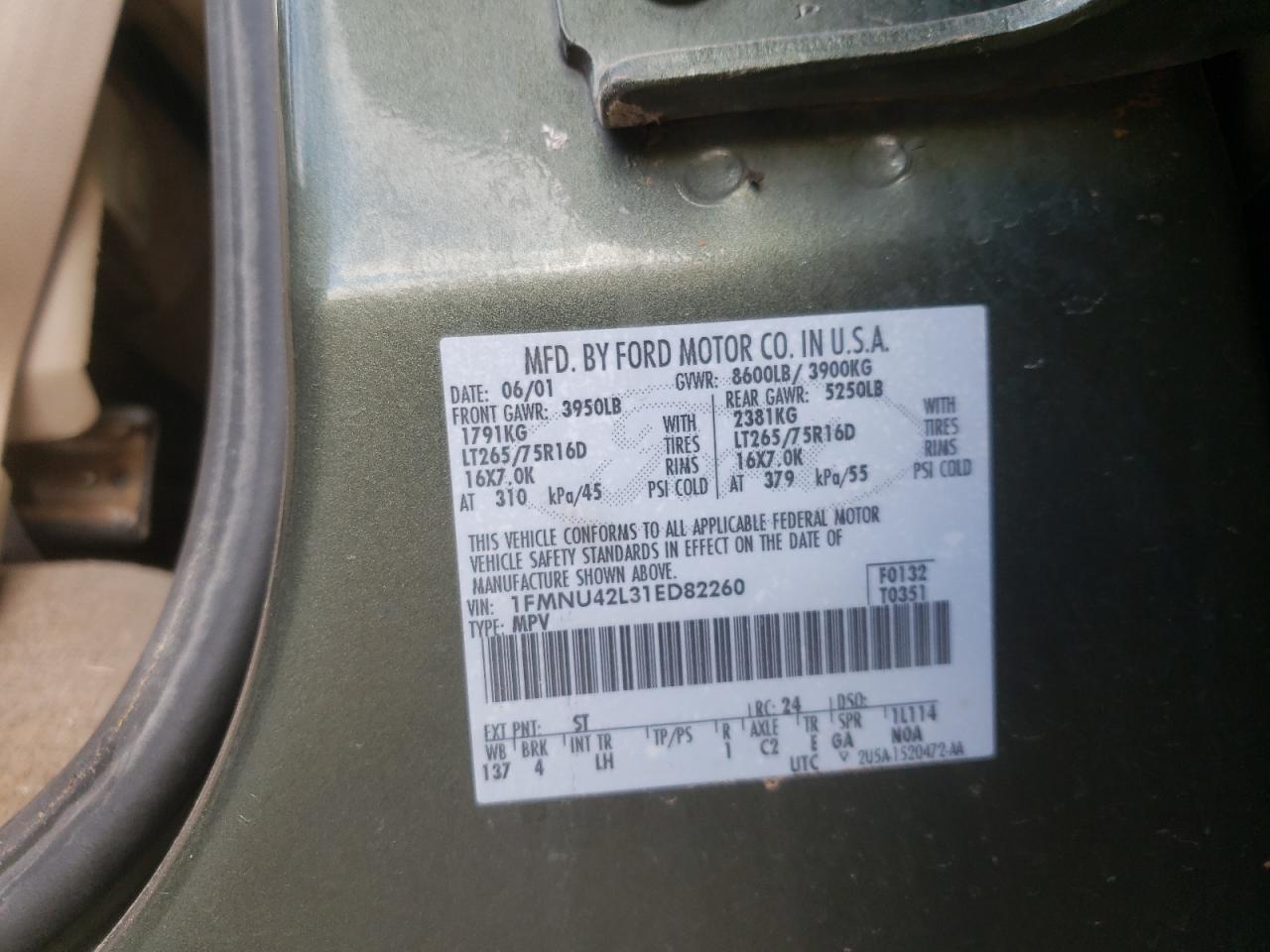 Photo 10 from auction – 2001 FORD EXCURSION with VIN 1FMNU42L31ED82260