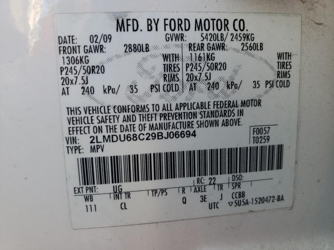 Photo 10 from auction – 2009 LINCOLN MKX with VIN 2LMDU68C29BJ06694