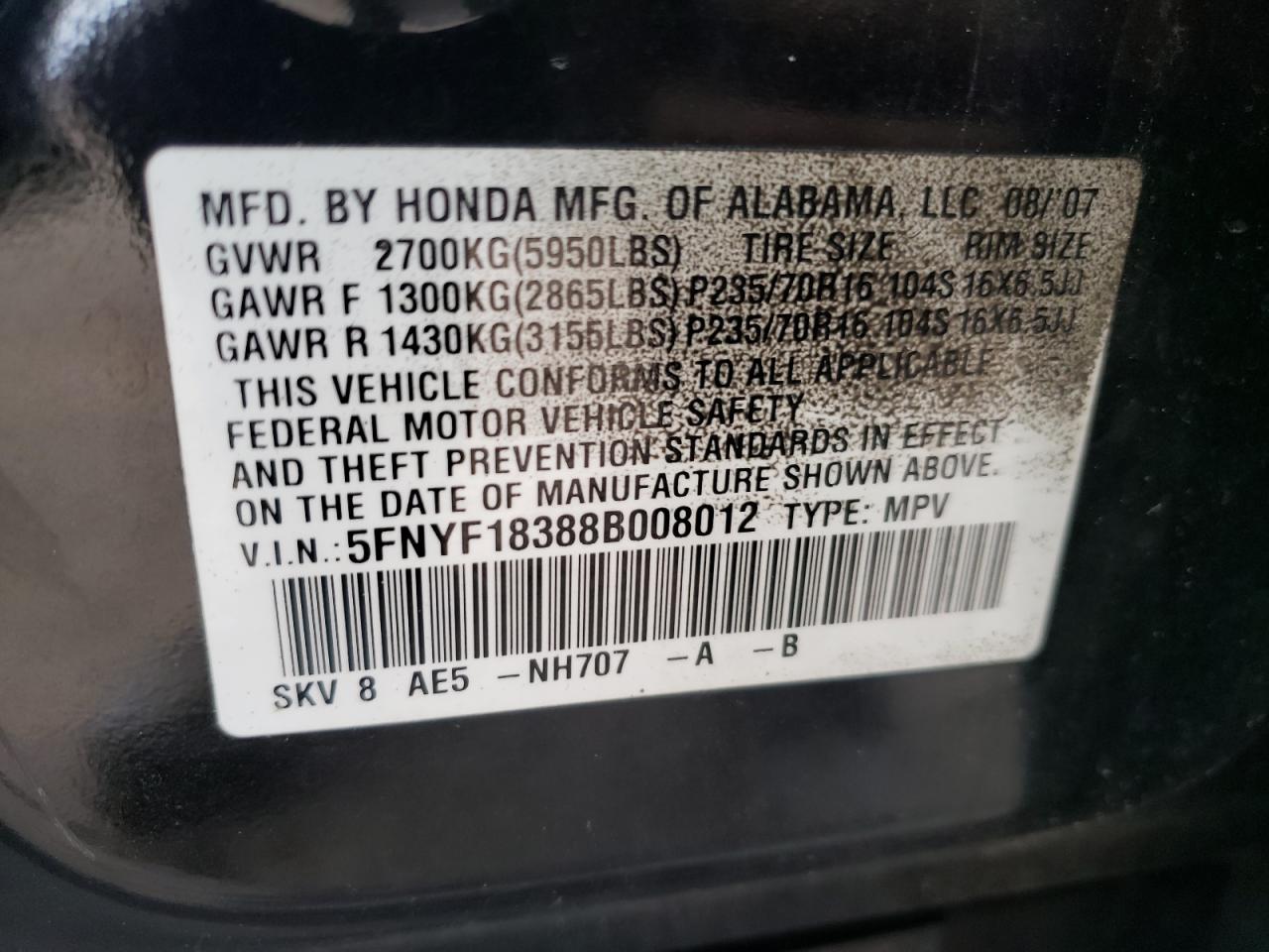 Photo 10 from auction – 2008 HONDA PILOT SE with VIN 5FNYF18388B008012