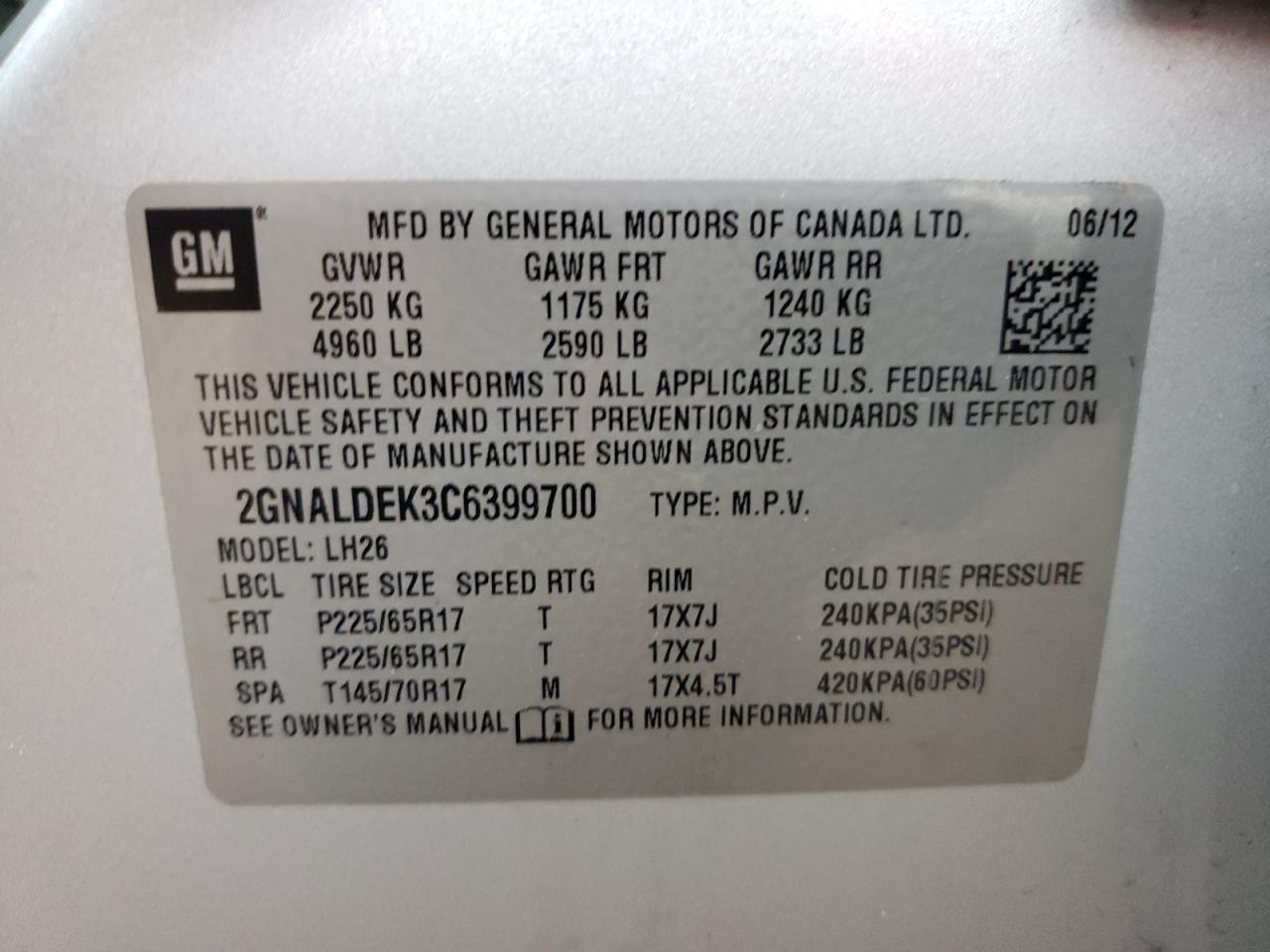 Photo 10 from auction – 2012 CHEVROLET EQUINOX LT with VIN 2GNALDEK3C6399700