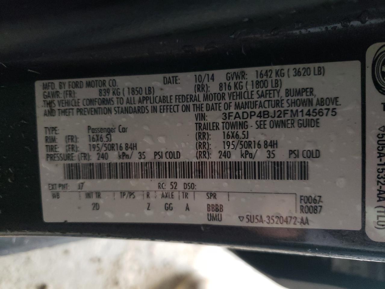 Photo 10 from auction – 2015 FORD FIESTA SE with VIN 3FADP4BJ2FM145675