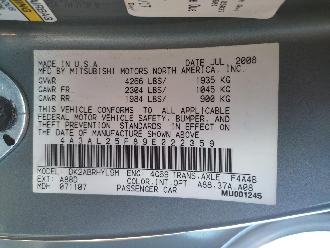 Photo 10 from auction – 2009 MITSUBISHI ECLIPSE SP with VIN 4A3AL25F89E022359