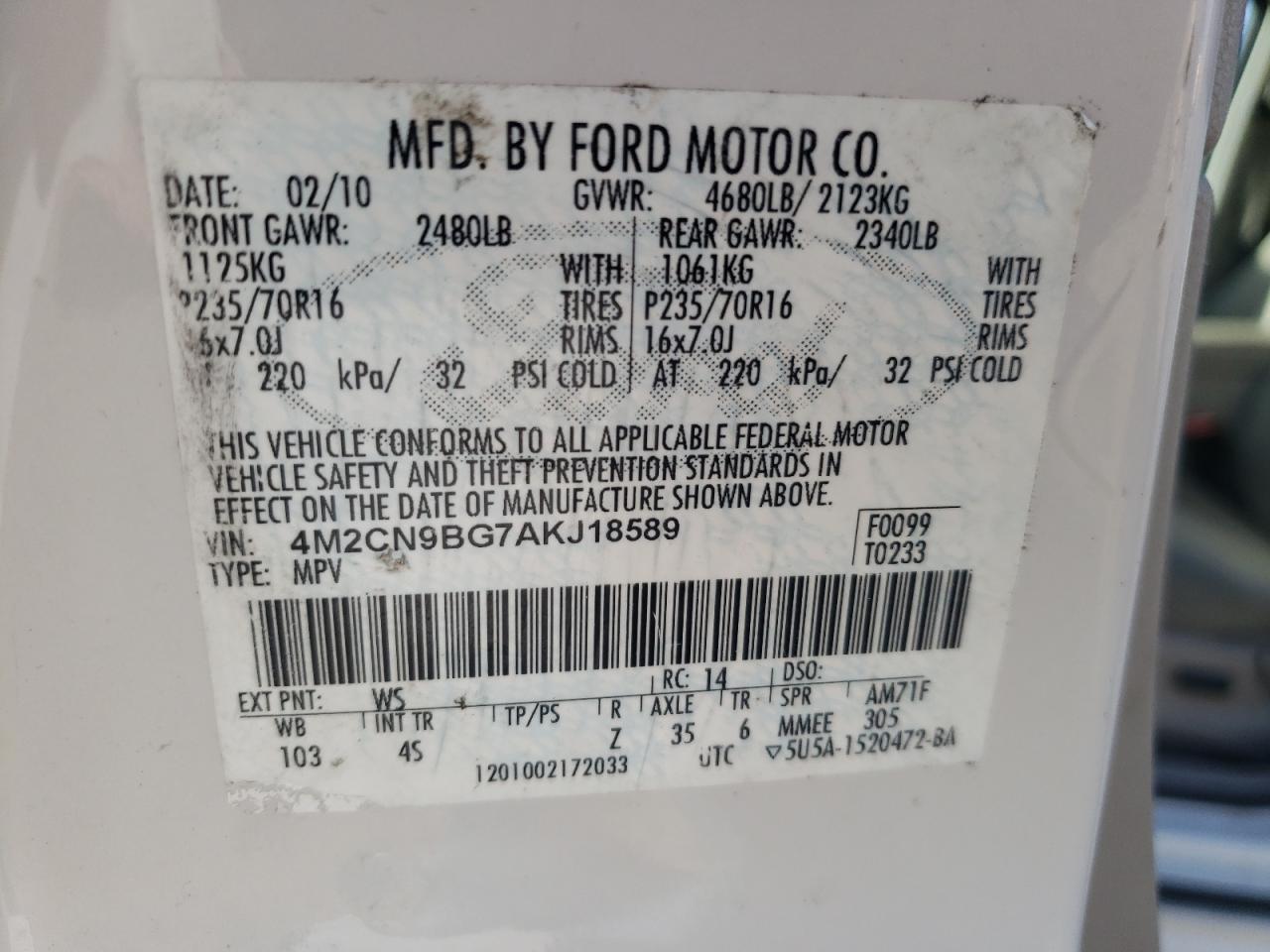 Photo 10 from auction – 2010 MERCURY MARINER with VIN 4M2CN9BG7AKJ18589