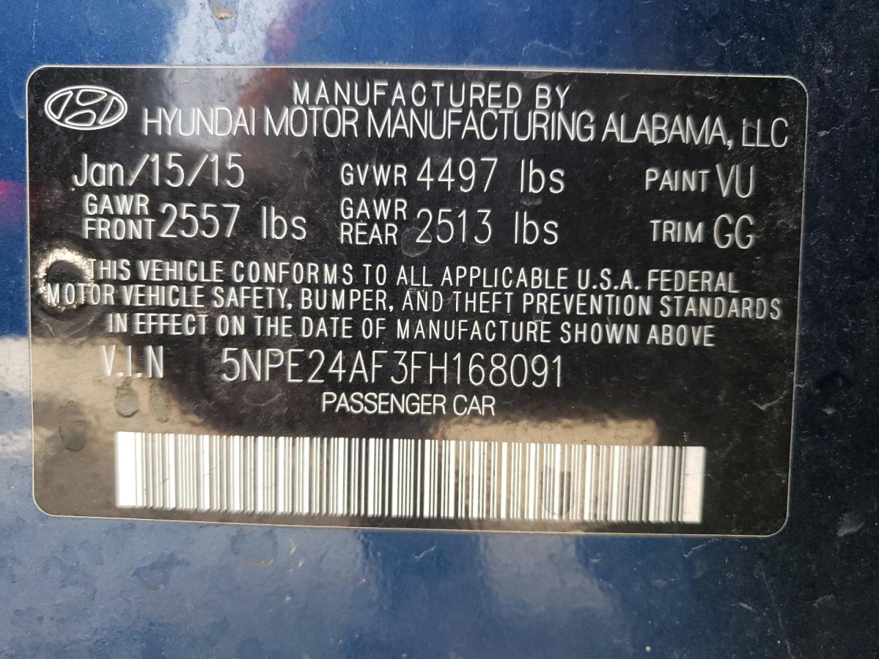 Photo 10 from auction – 2015 HYUNDAI SONATA SE with VIN 5NPE24AF3FH168091