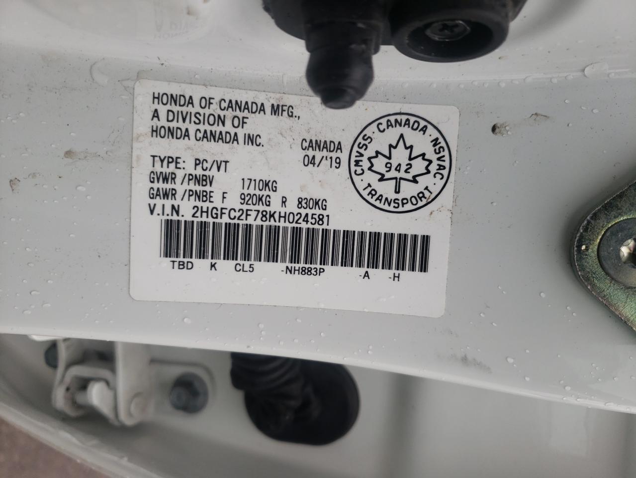 Photo 10 from auction – 2019 HONDA CIVIC EX with VIN 2HGFC2F78KH024581