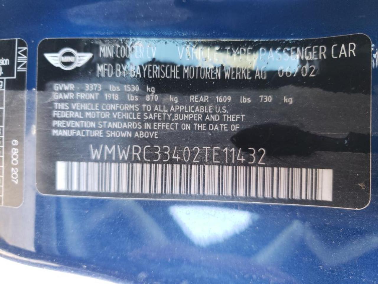 Photo 10 from auction – 2002 MINI COOPER with VIN WMWRC33402TE11432