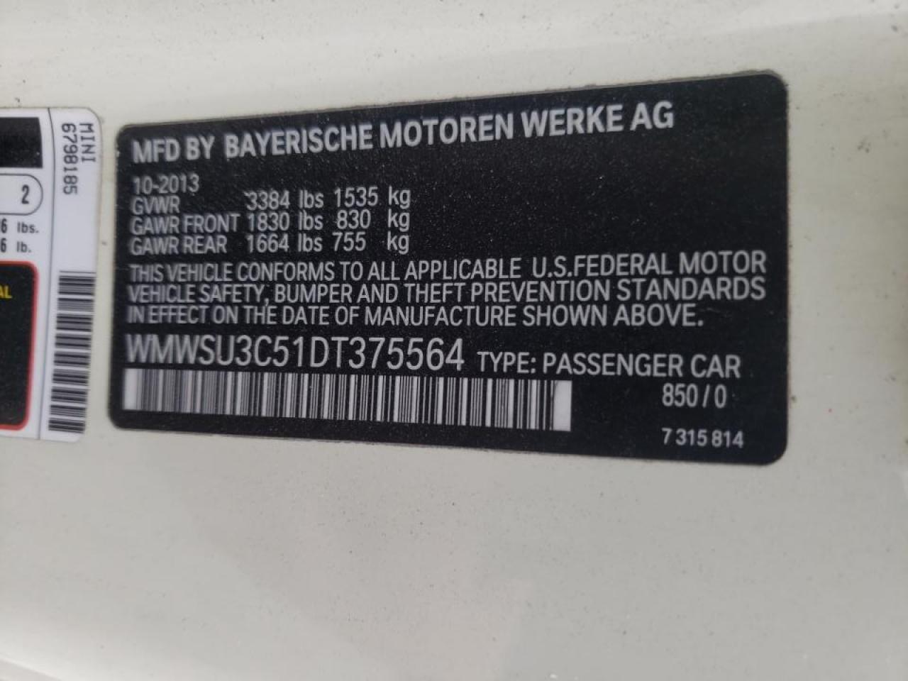 Photo 10 from auction – 2013 MINI COOPER with VIN WMWSU3C51DT375564