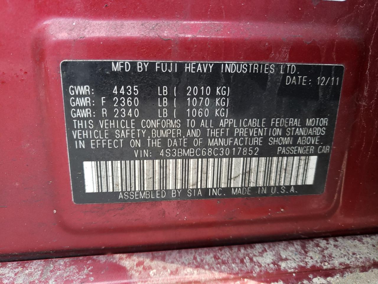 Photo 10 from auction – 2012 SUBARU LEGACY 2.5 with VIN 4S3BMBC68C3017852