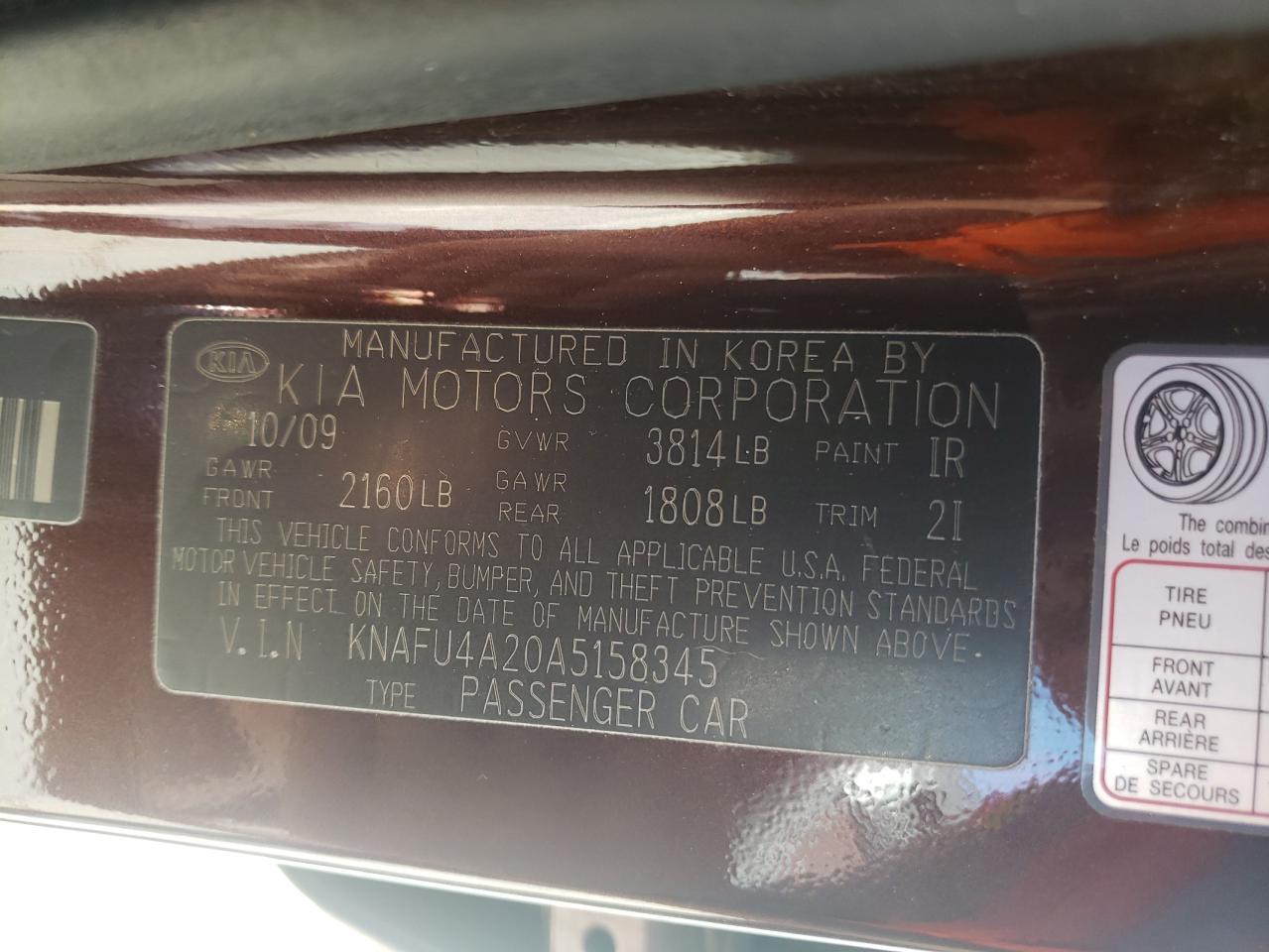 Photo 10 from auction – 2010 KIA FORTE EX with VIN KNAFU4A20A5158345