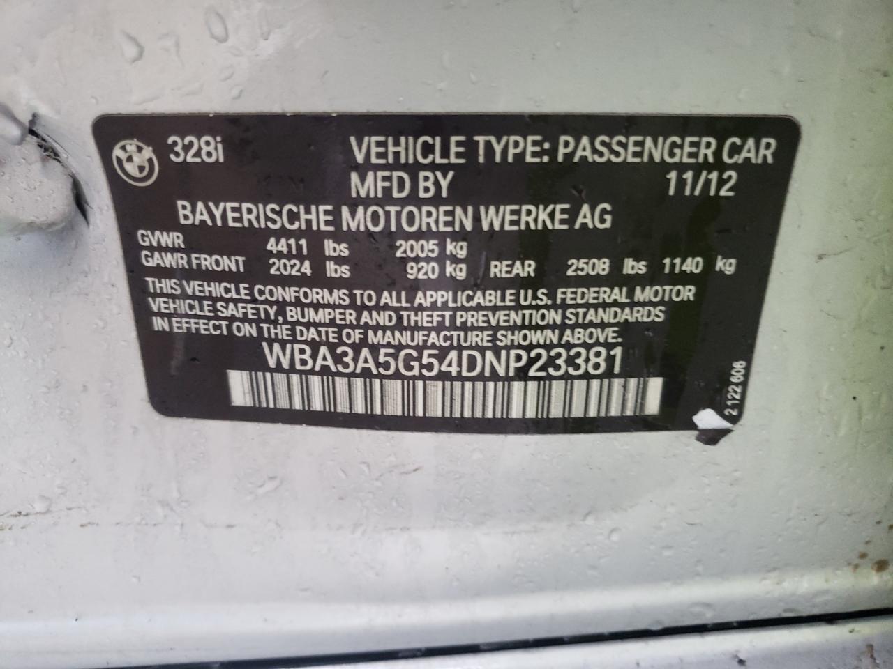Photo 10 from auction – 2013 BMW 328 I with VIN WBA3A5G54DNP23381