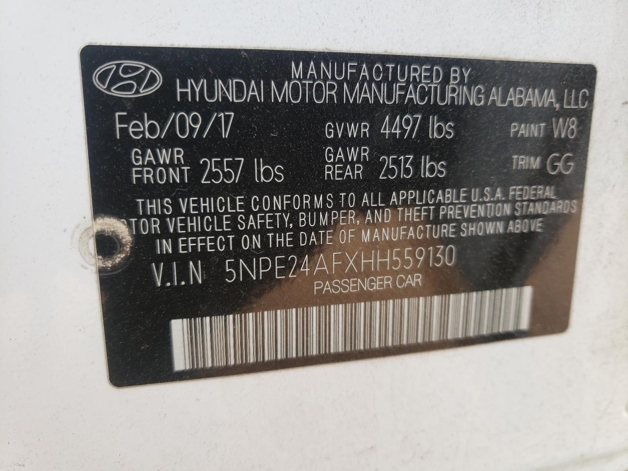 Photo 10 from auction – 2017 HYUNDAI SONATA SE with VIN 5NPE24AFXHH559130