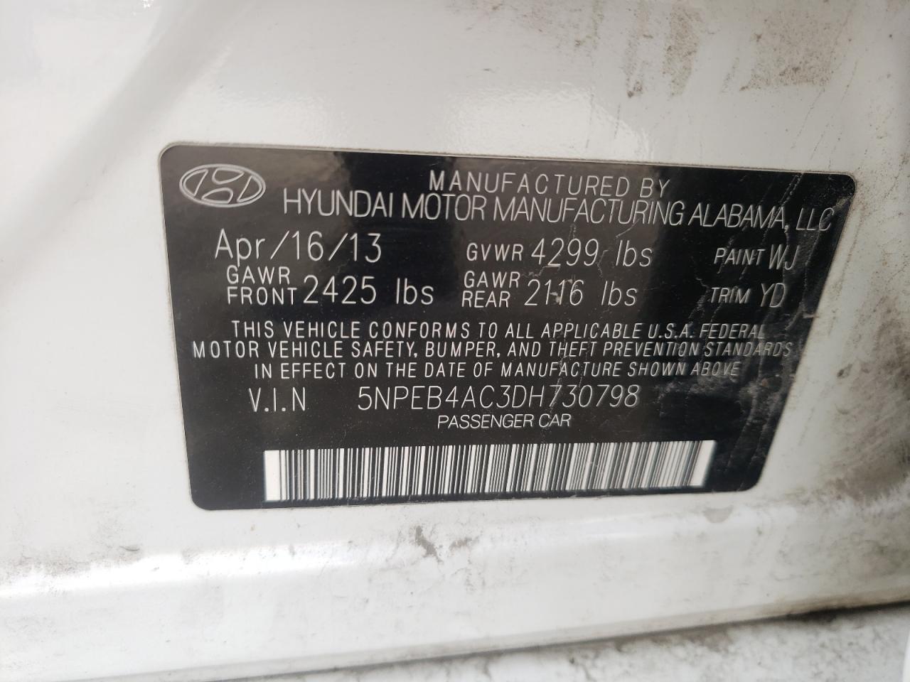 Photo 10 from auction – 2013 HYUNDAI SONATA GLS with VIN 5NPEB4AC3DH730798