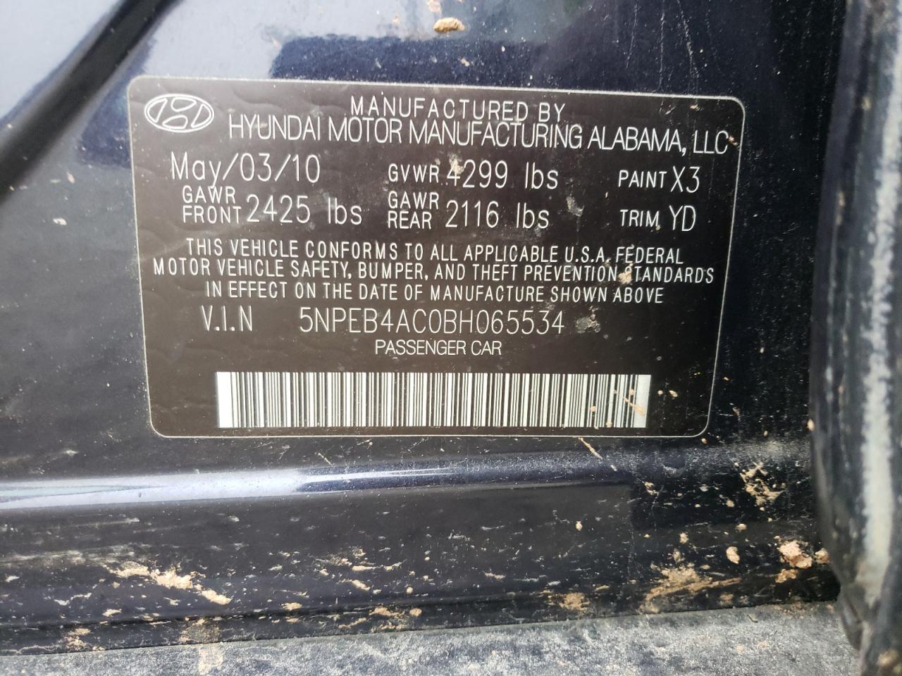 Photo 10 from auction – 2011 HYUNDAI SONATA GLS with VIN 5NPEB4AC0BH065534