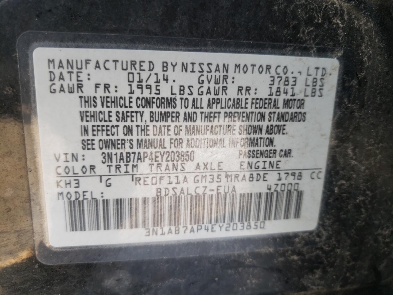 Photo 10 from auction – 2014 NISSAN SENTRA S with VIN 3N1AB7AP4EY203850