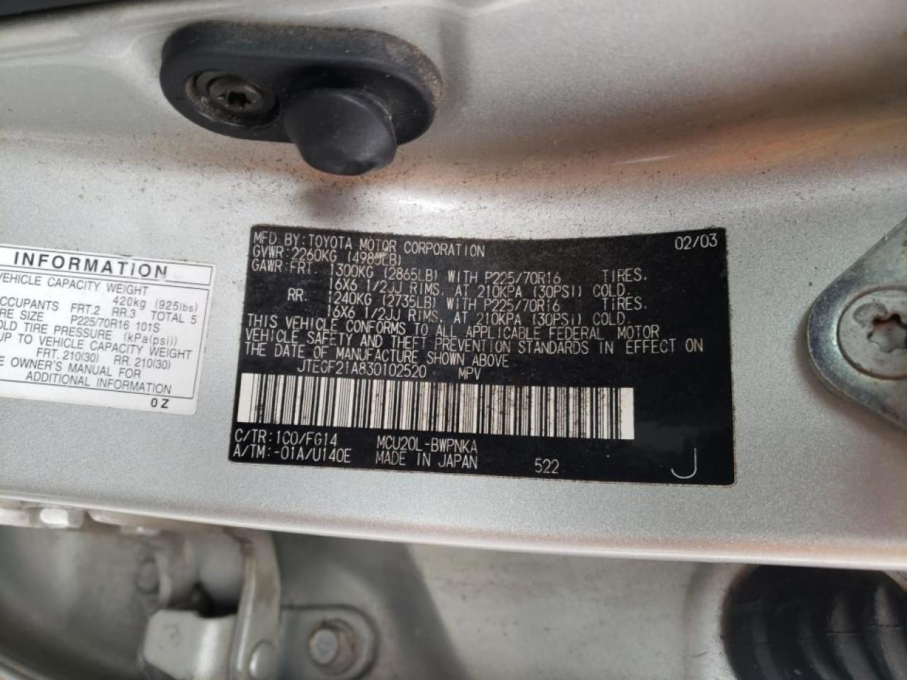 Photo 10 from auction – 2003 TOYOTA HIGHLANDER with VIN JTEGF21A830102520