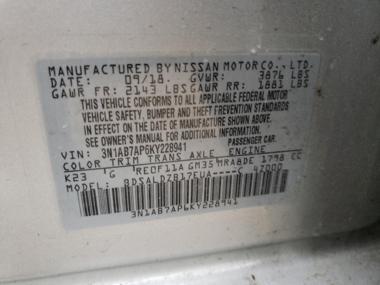 Photo 10 from auction – 2019 NISSAN SENTRA S with VIN 3N1AB7AP6KY228941