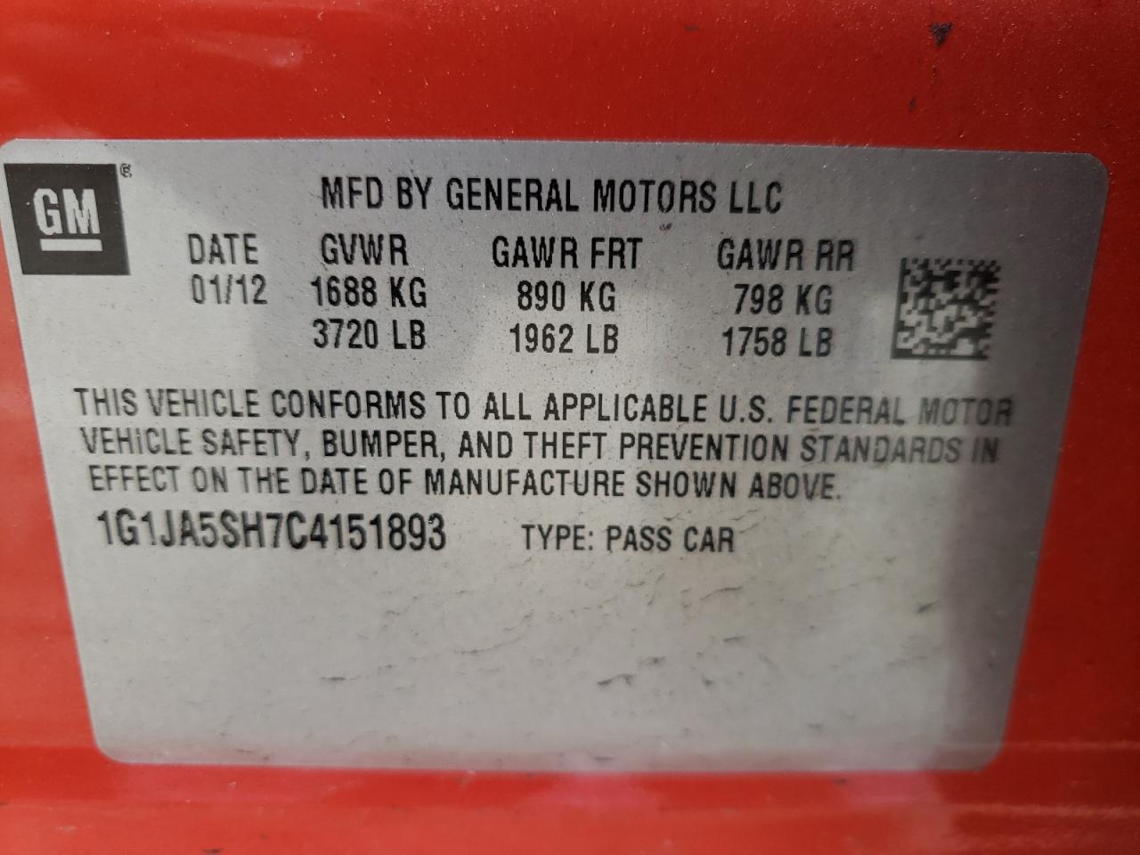 Photo 10 from auction – 2012 CHEVROLET SONIC LS with VIN 1G1JA5SH7C4151893