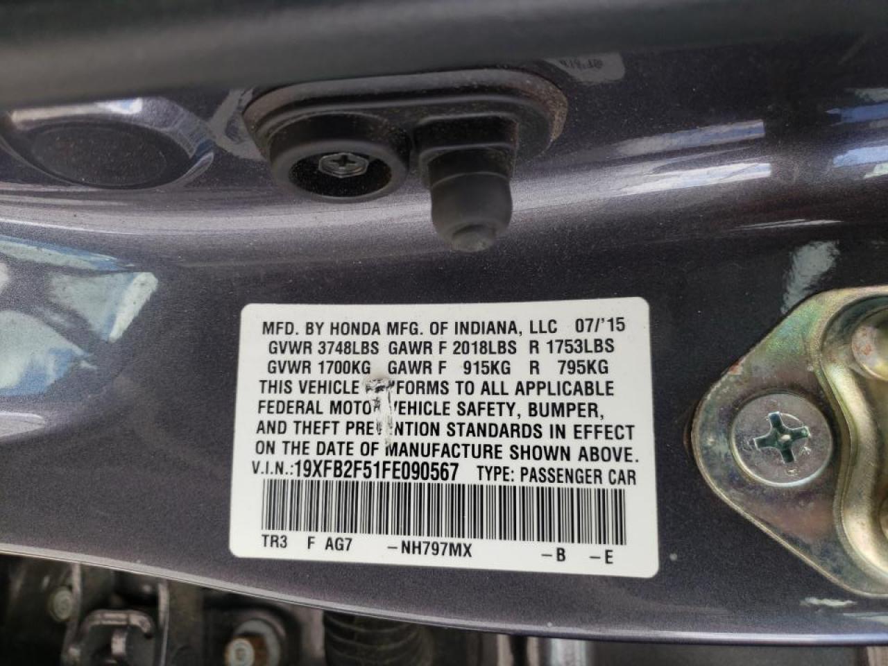 Photo 10 from auction – 2015 HONDA CIVIC LX with VIN 19XFB2F51FE090567