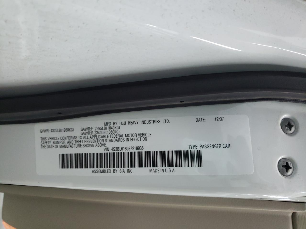 Photo 10 from auction – 2008 SUBARU LEGACY 2.5 with VIN 4S3BL616987219936