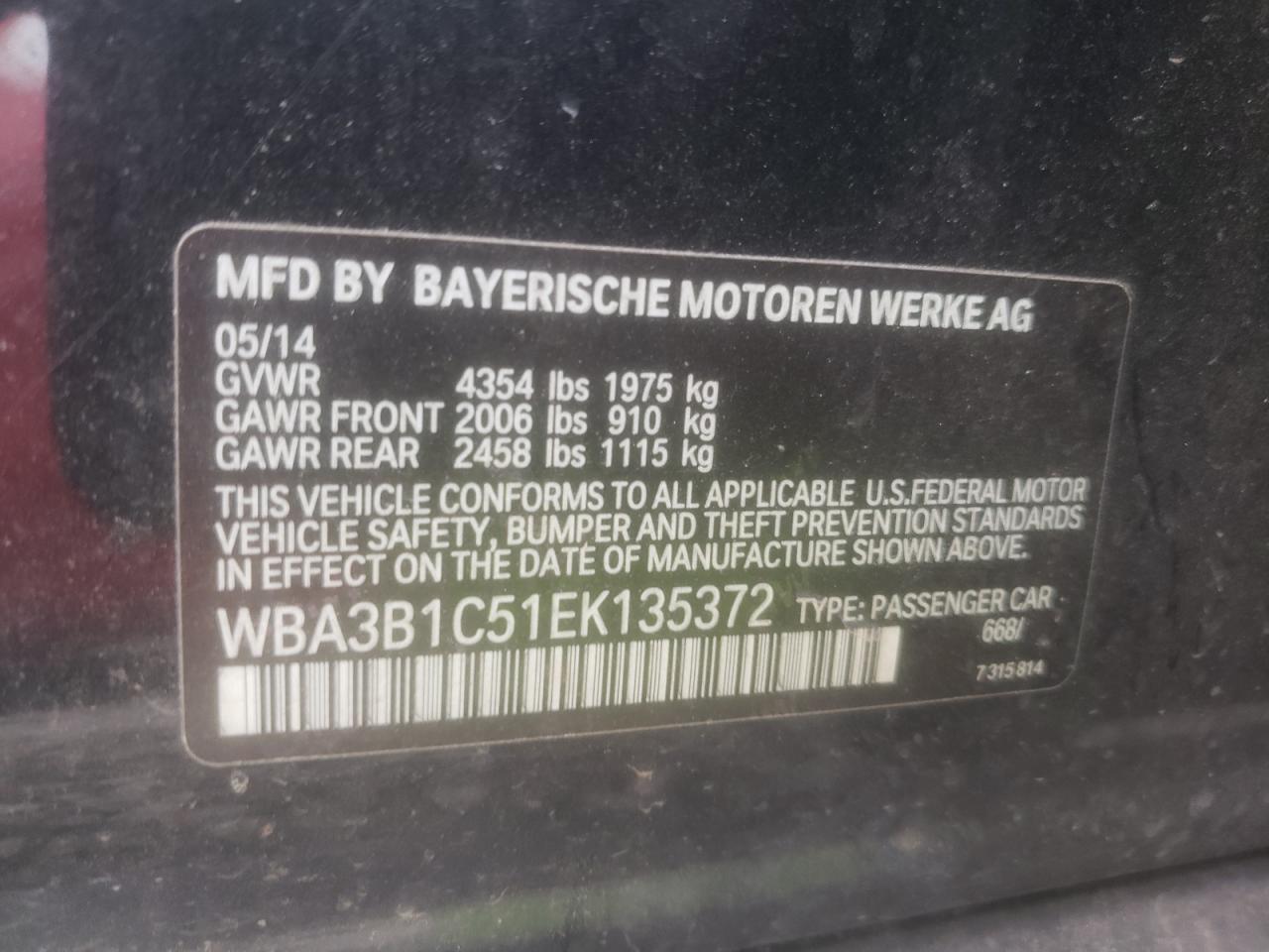 Photo 10 from auction – 2014 BMW 320 I with VIN WBA3B1C51EK135372