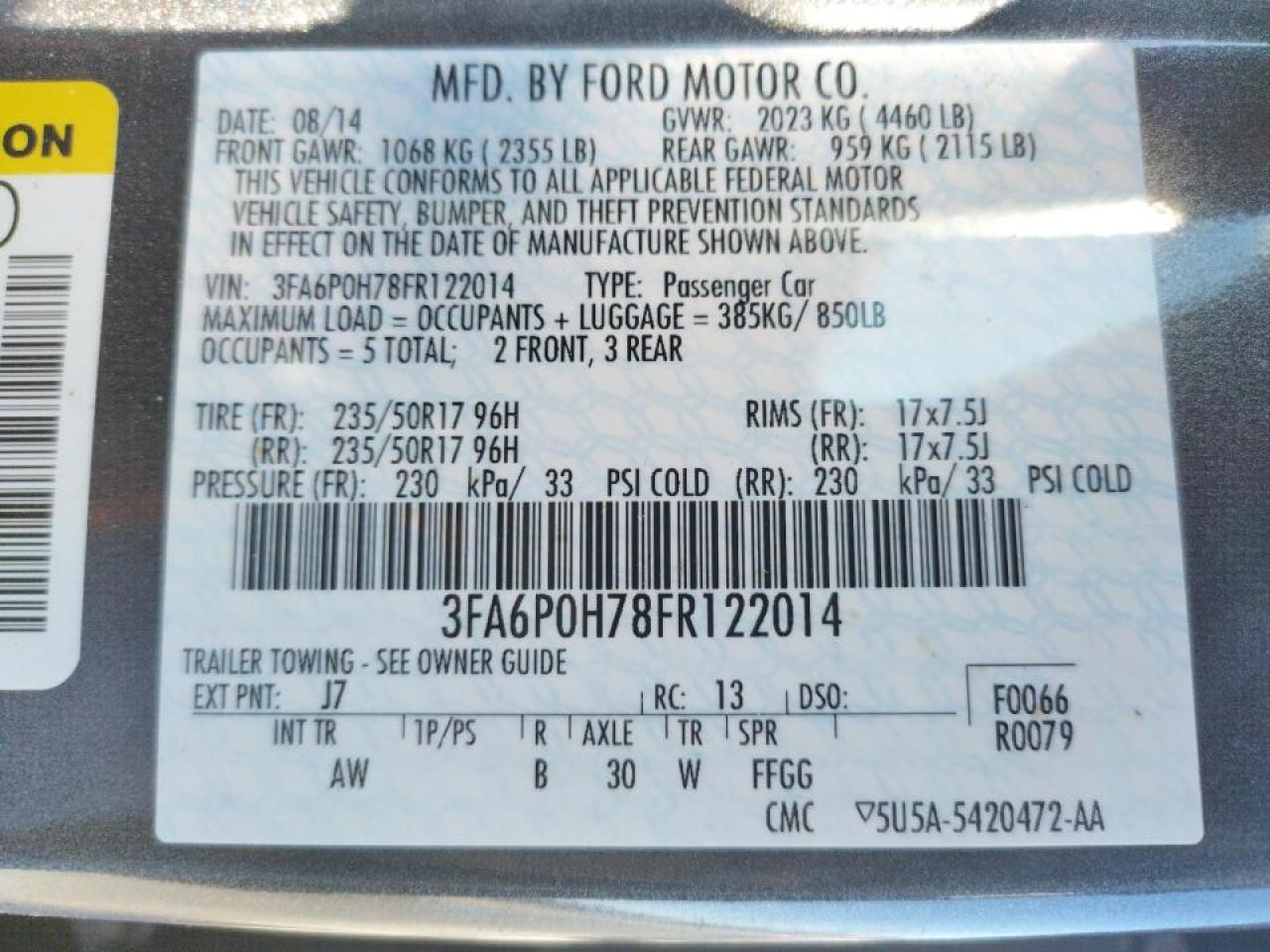 Photo 10 from auction – 2015 FORD FUSION SE with VIN 3FA6P0H78FR122014