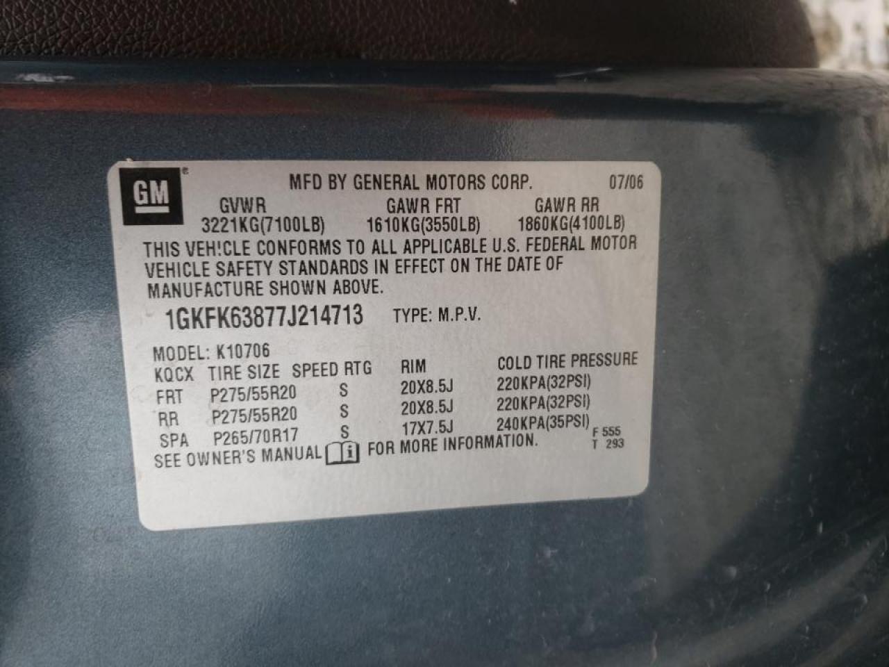 Photo 10 from auction – 2007 GMC YUKON DENA with VIN 1GKFK63877J214713