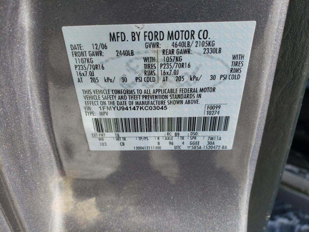 Photo 10 from auction – 2007 FORD ESCAPE LIM with VIN 1FMYU94147KC03045