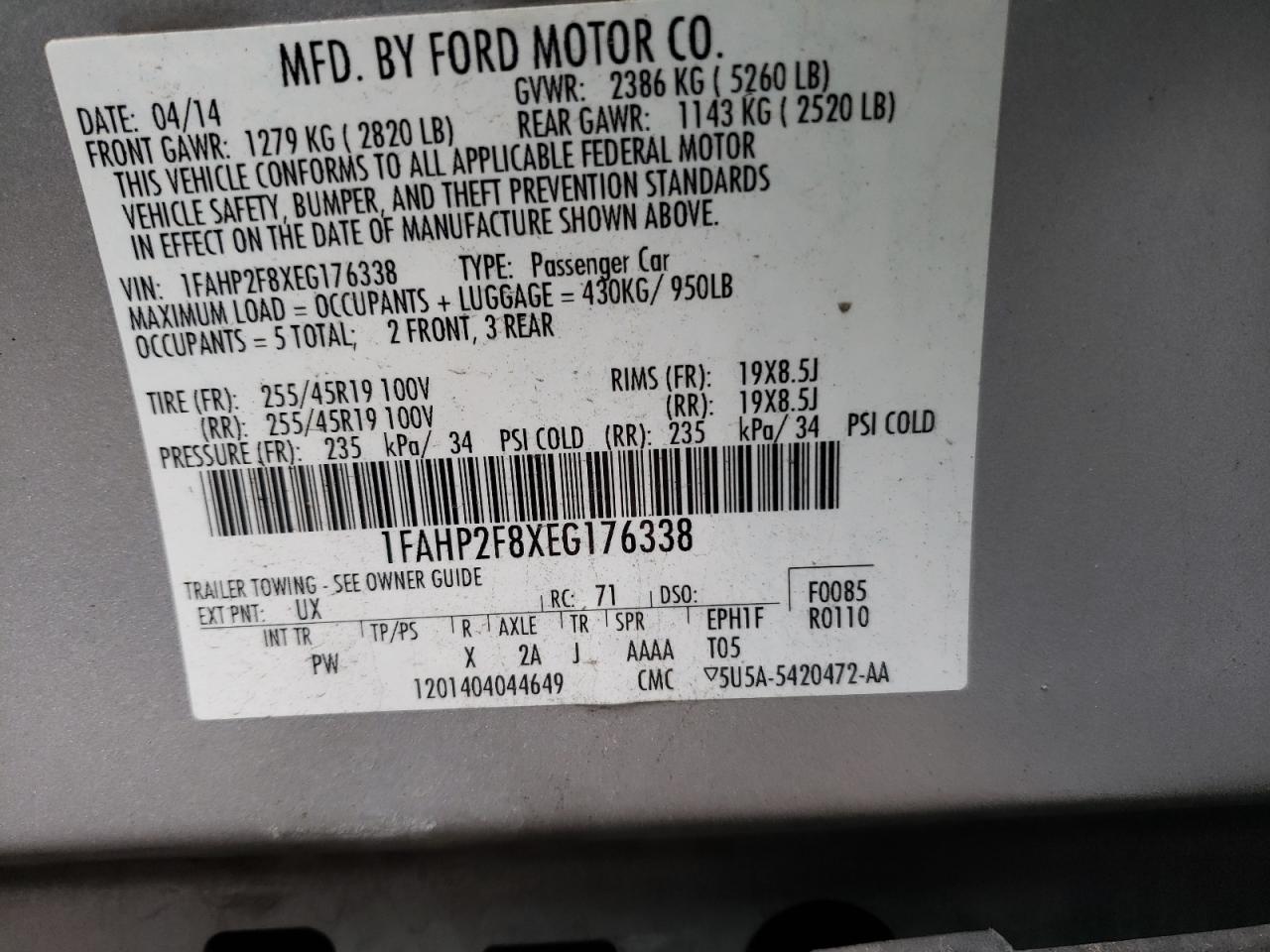 Photo 10 from auction – 2014 FORD TAURUS LIM with VIN 1FAHP2F8XEG176338