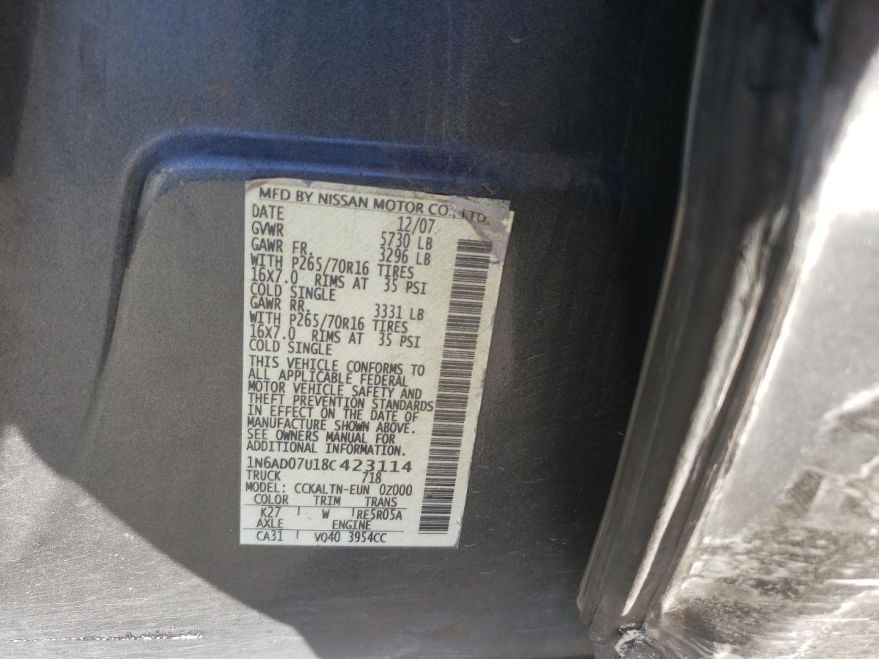 Photo 10 from auction – 2008 NISSAN FRONTIER C with VIN 1N6AD07U18C423114