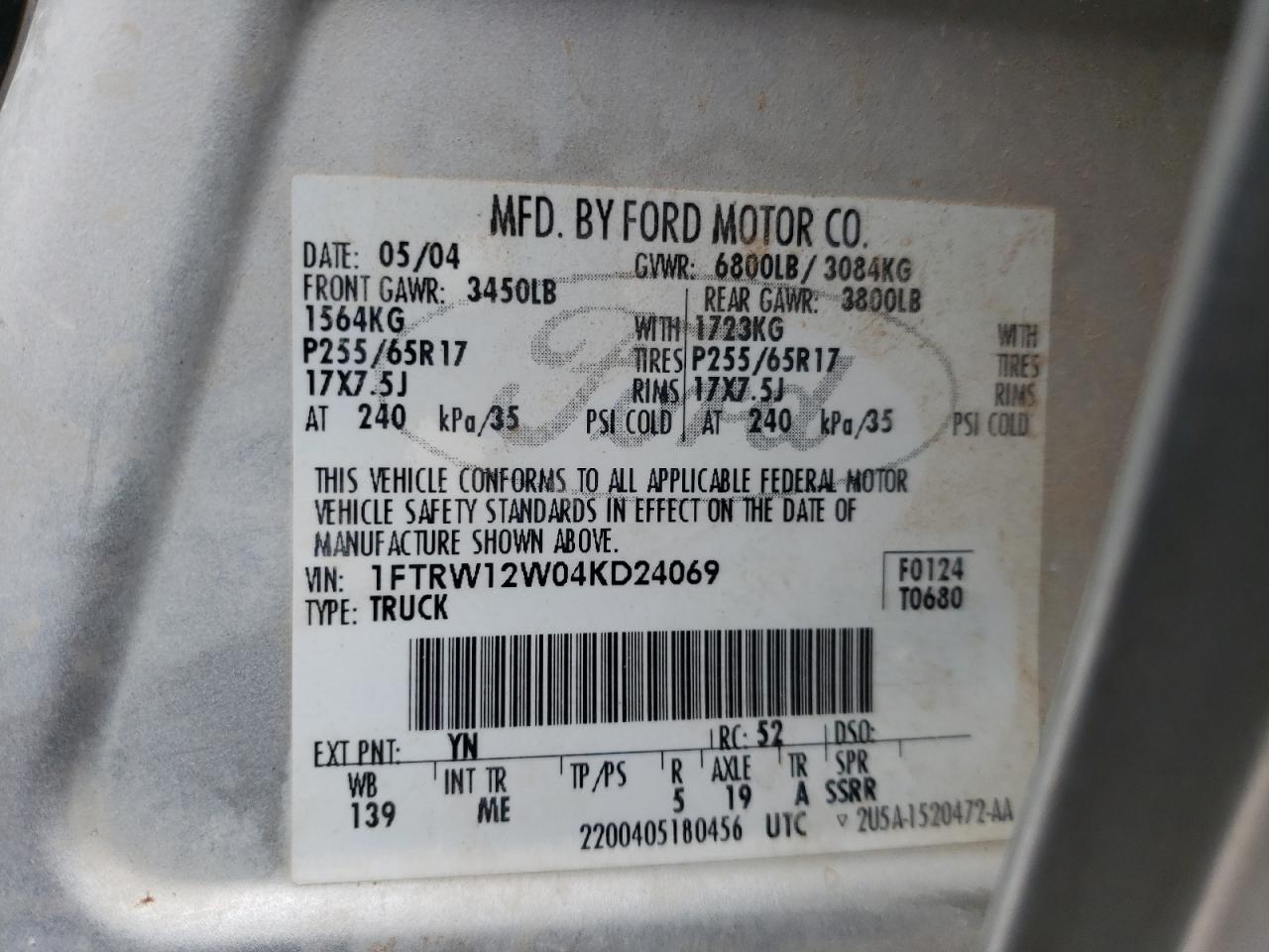 Photo 10 from auction – 2004 FORD F150 SUPER with VIN 1FTRW12W04KD24069