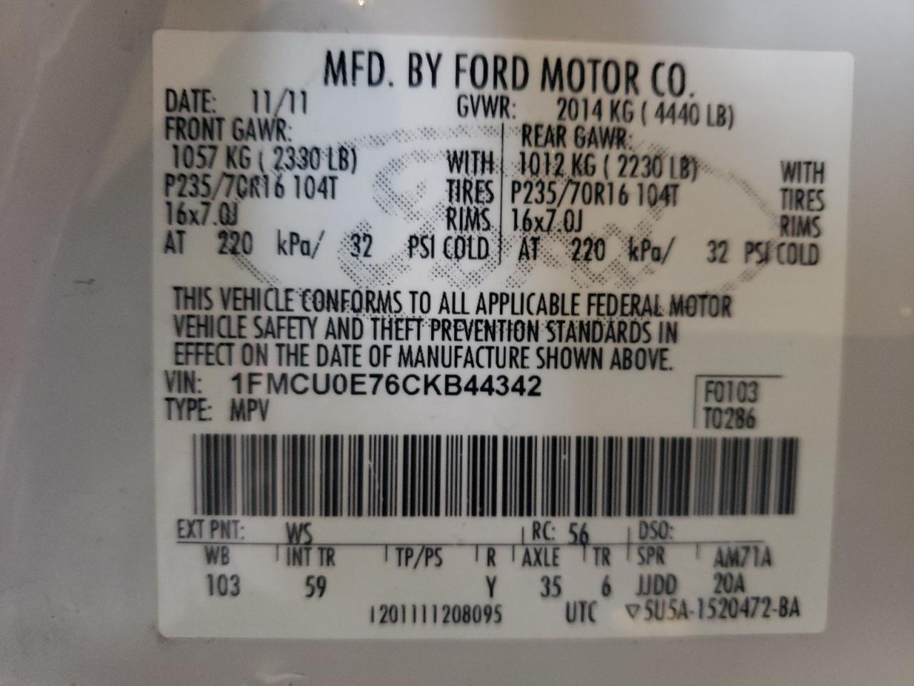Photo 10 from auction – 2012 FORD ESCAPE LIM with VIN 1FMCU0E76CKB44342