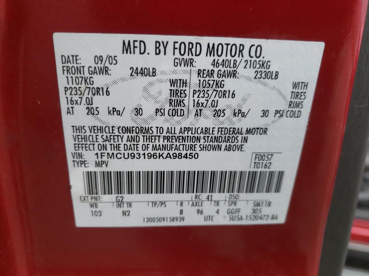 Photo 10 from auction – 2006 FORD ESCAPE XLT with VIN 1FMCU93196KA98450