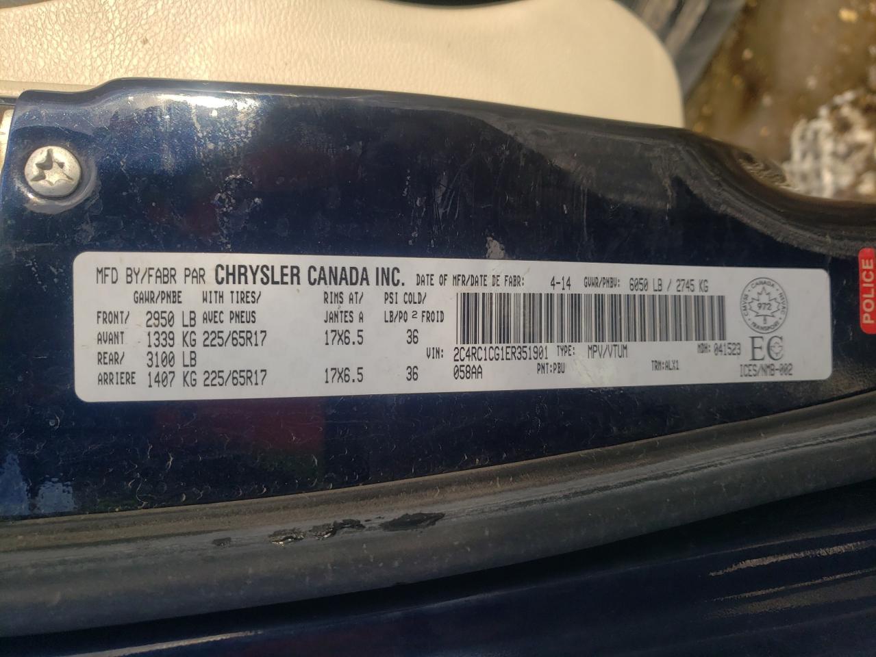 Photo 10 from auction – 2014 CHRYSLER TOWN & COU with VIN 2C4RC1CG1ER351901