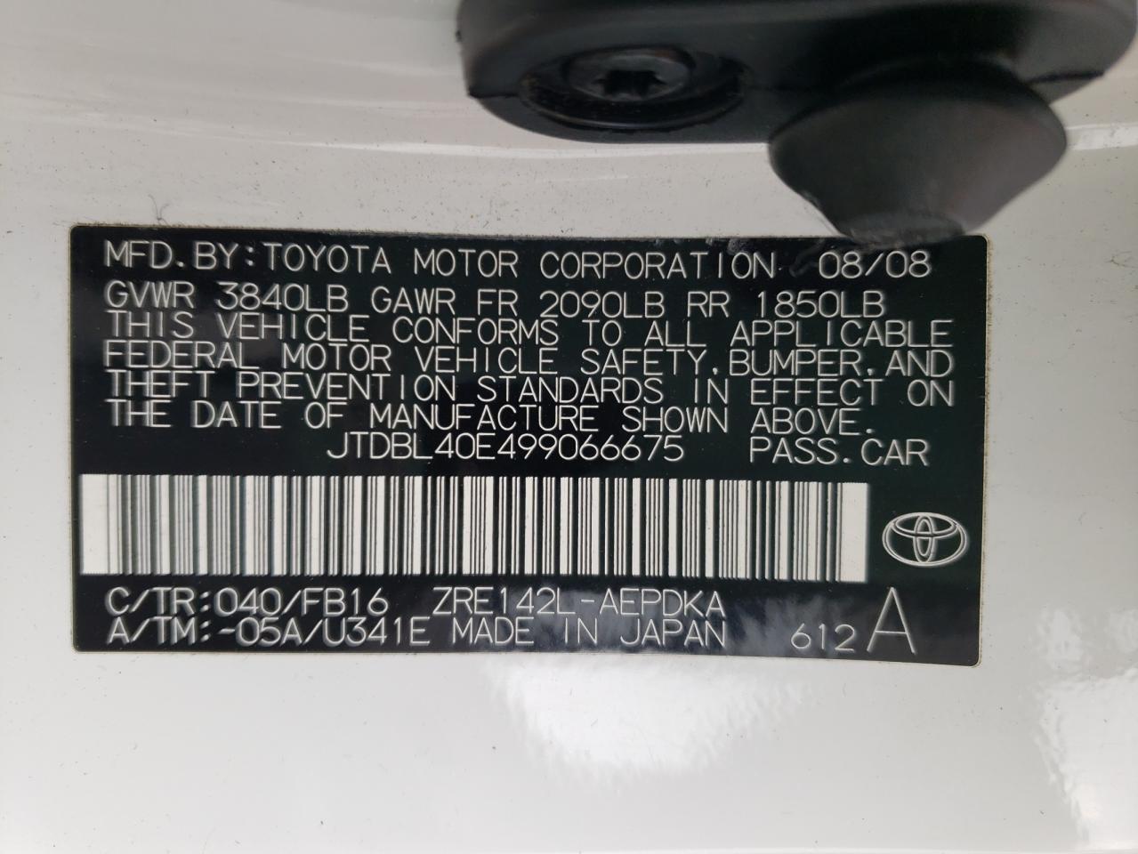 Photo 10 from auction – 2009 TOYOTA COROLLA BA with VIN JTDBL40E499066675