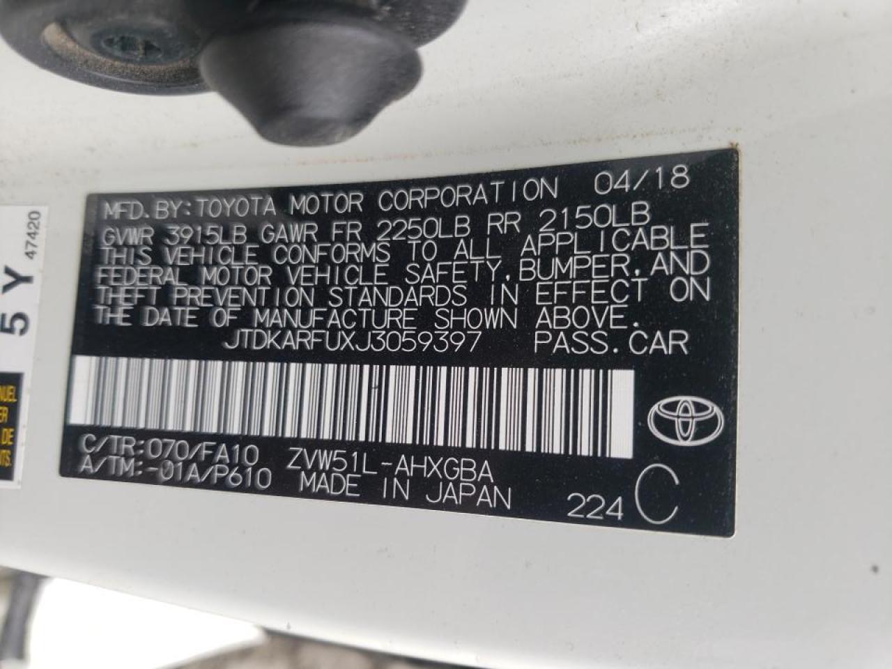 Photo 10 from auction – 2018 TOYOTA PRIUS with VIN JTDKARFUXJ3059397