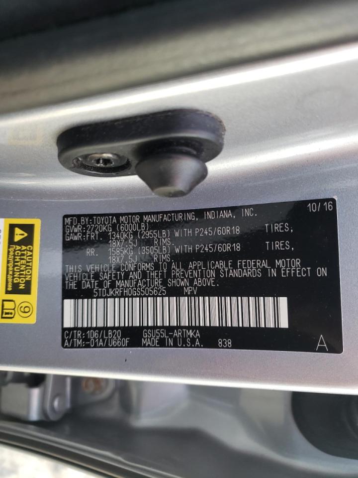 Photo 10 from auction – 2016 TOYOTA HIGHLANDER with VIN 5TDJKRFH0GS505625