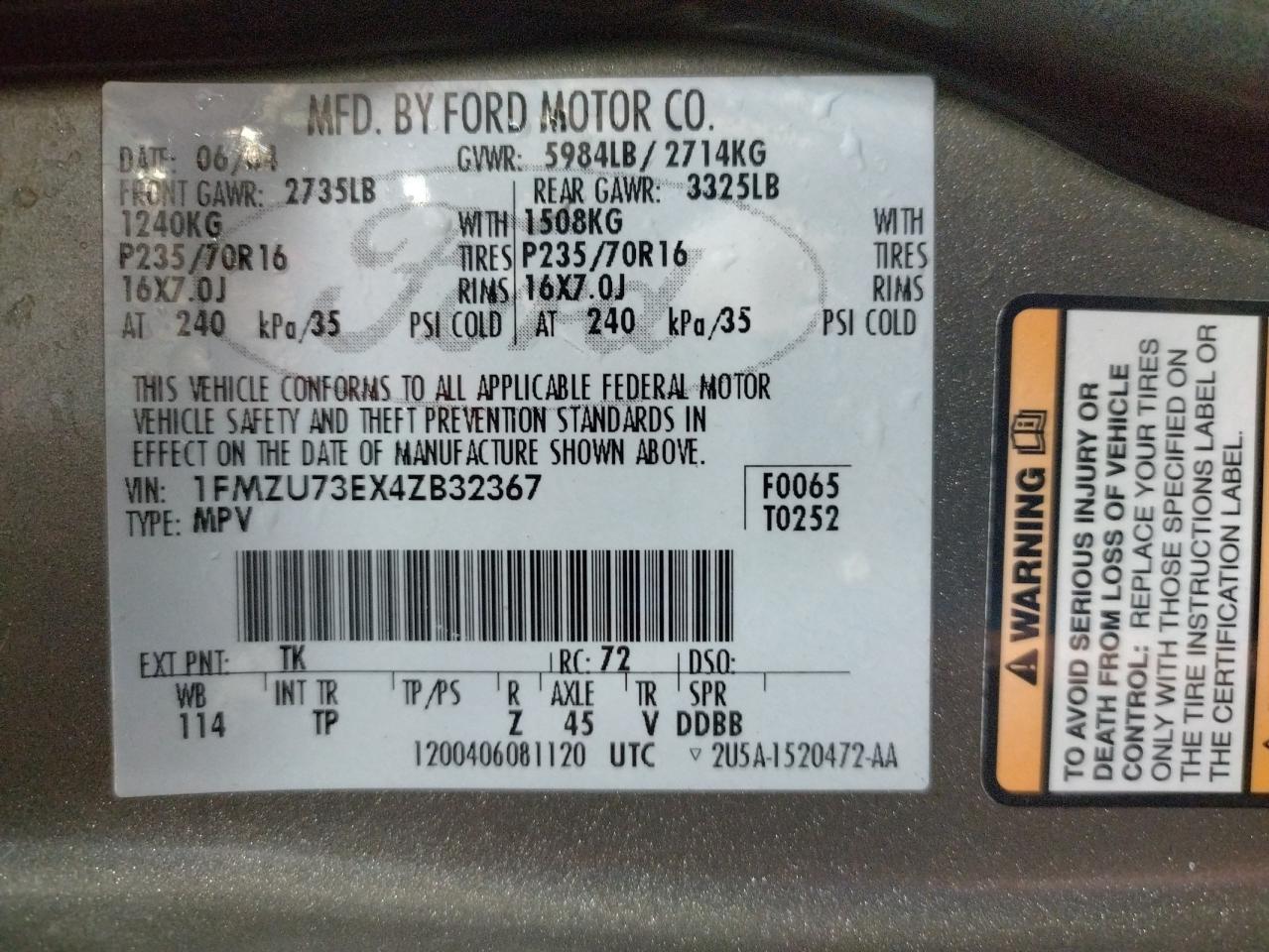 Photo 10 from auction – 2004 FORD EXPLORER X with VIN 1FMZU73EX4ZB32367