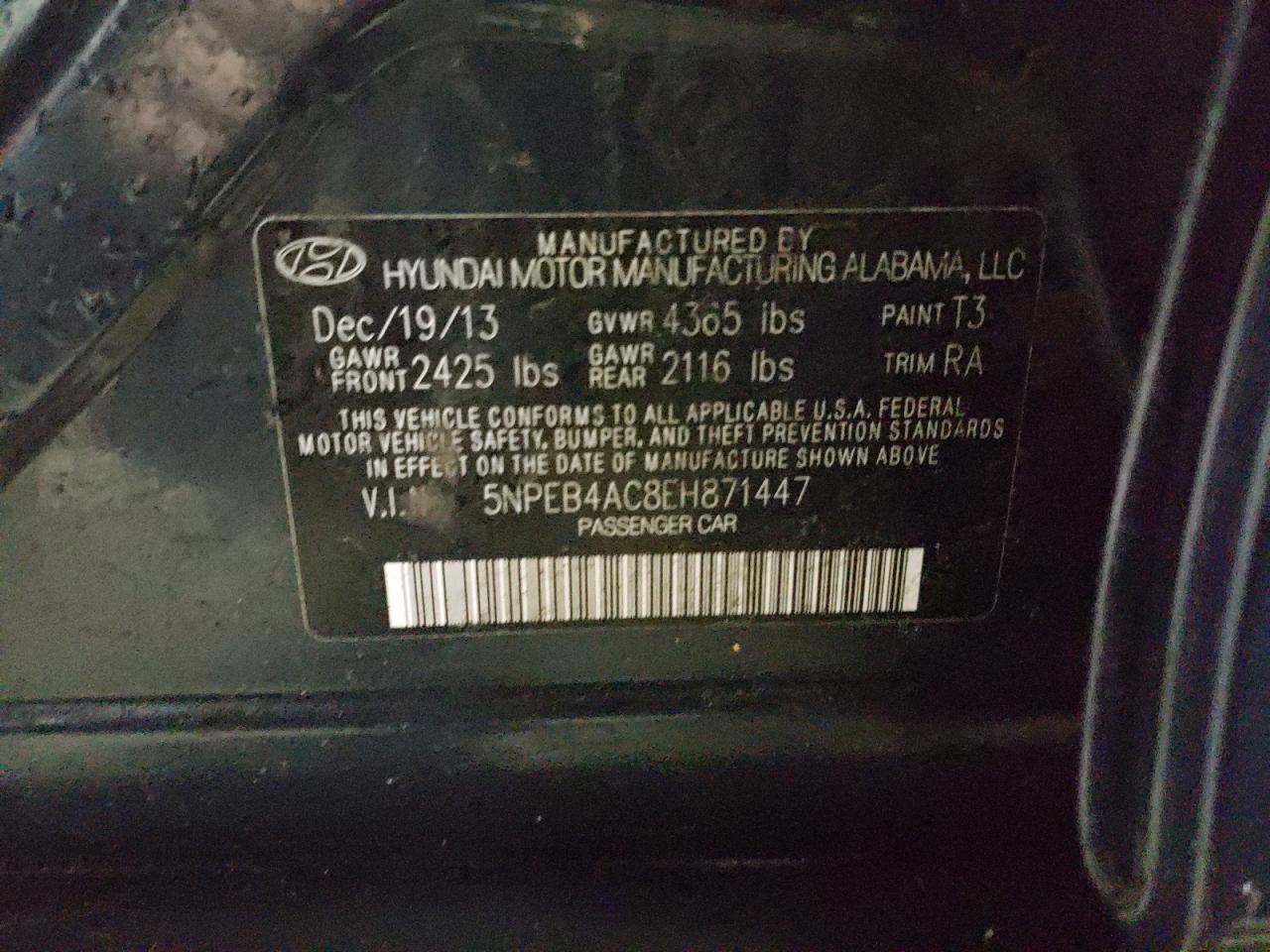 Photo 10 from auction – 2014 HYUNDAI SONATA GLS with VIN 5NPEB4AC8EH871447