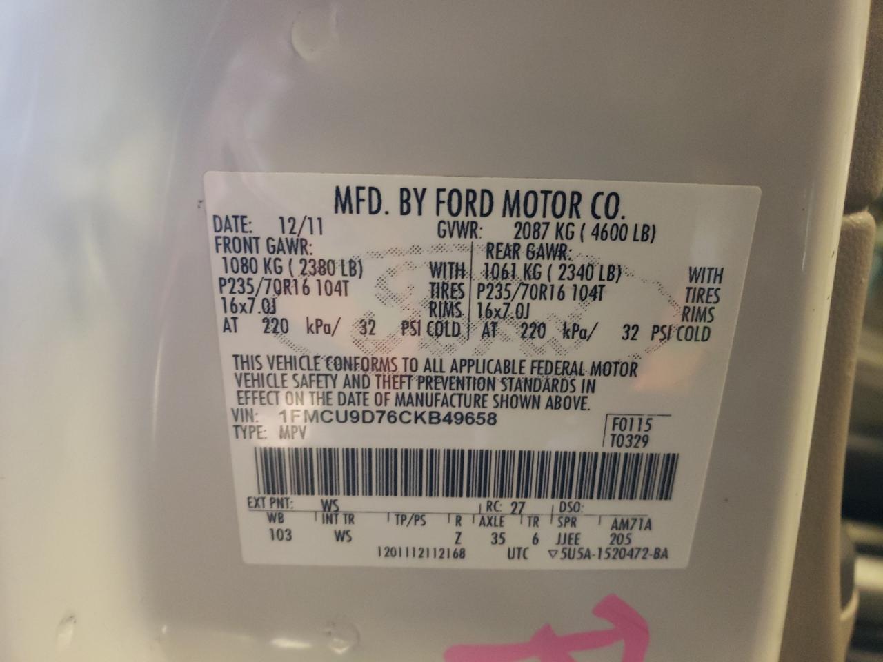 Photo 10 from auction – 2012 FORD ESCAPE XLT with VIN 1FMCU9D76CKB49658