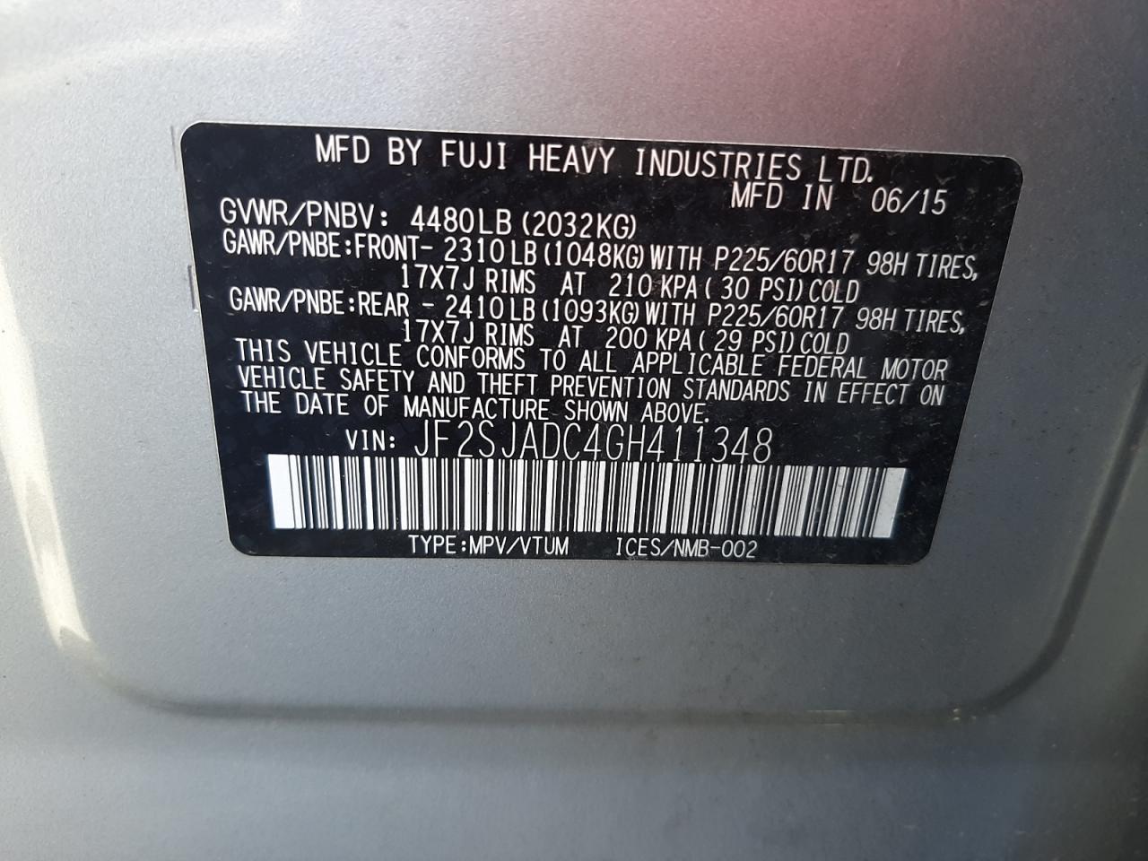 Photo 10 from auction – 2016 SUBARU FORESTER 2 with VIN JF2SJADC4GH411348