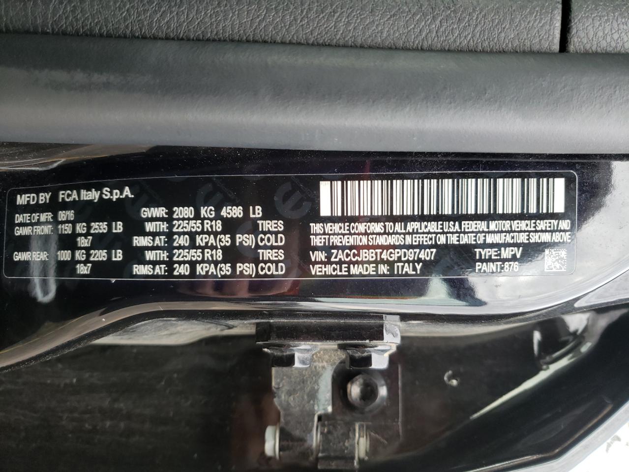 Photo 10 from auction – 2016 JEEP RENEGADE L with VIN ZACCJBBT4GPD97407