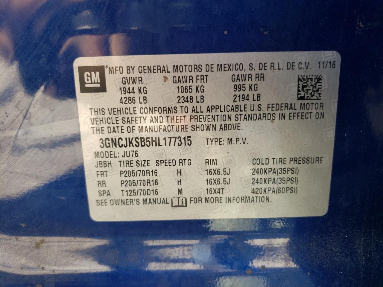Photo 10 from auction – 2017 CHEVROLET TRAX LS with VIN 3GNCJKSB5HL177315
