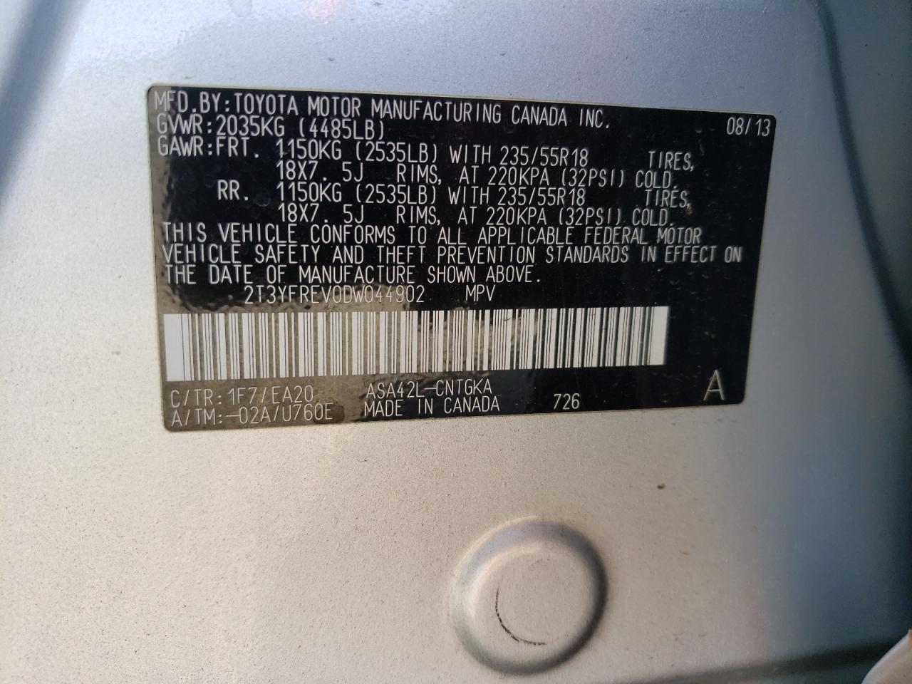 Photo 10 from auction – 2013 TOYOTA RAV4 LIMIT with VIN 2T3YFREV0DW044902