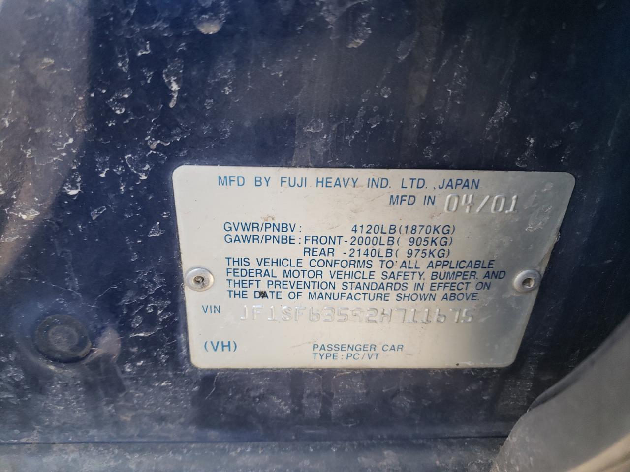 Photo 10 from auction – 2002 SUBARU FORESTER L with VIN JF1SF63592H711675